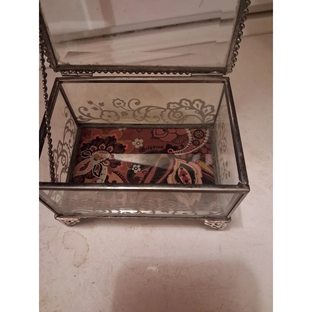 Brighton Silver Hinged Beveled /jewlry Glass Box With Paisly Print 5